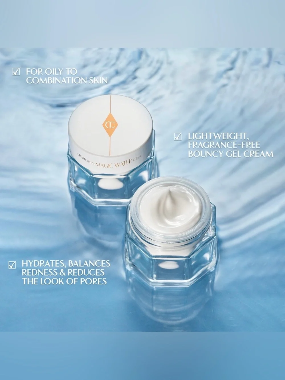 Charlotte Tilbury Magic Water Cream refillable Gel Moisturizer w/Niacinamide